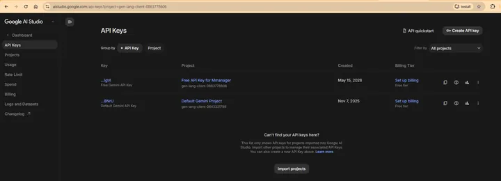 Step 1 — the Google AI Studio page with a Create API key button