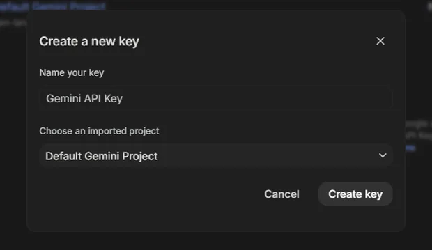 Step 2 — the Create API key dialog, picking a project