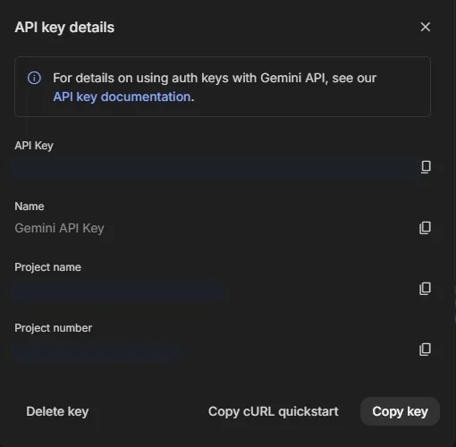 Step 3 — the API key details dialog with a Copy key button (key value hidden)