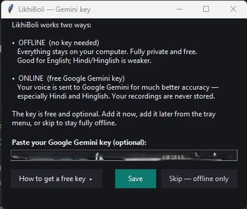 Step 4 — pasting the key into LikhiBoli's Set Gemini key window