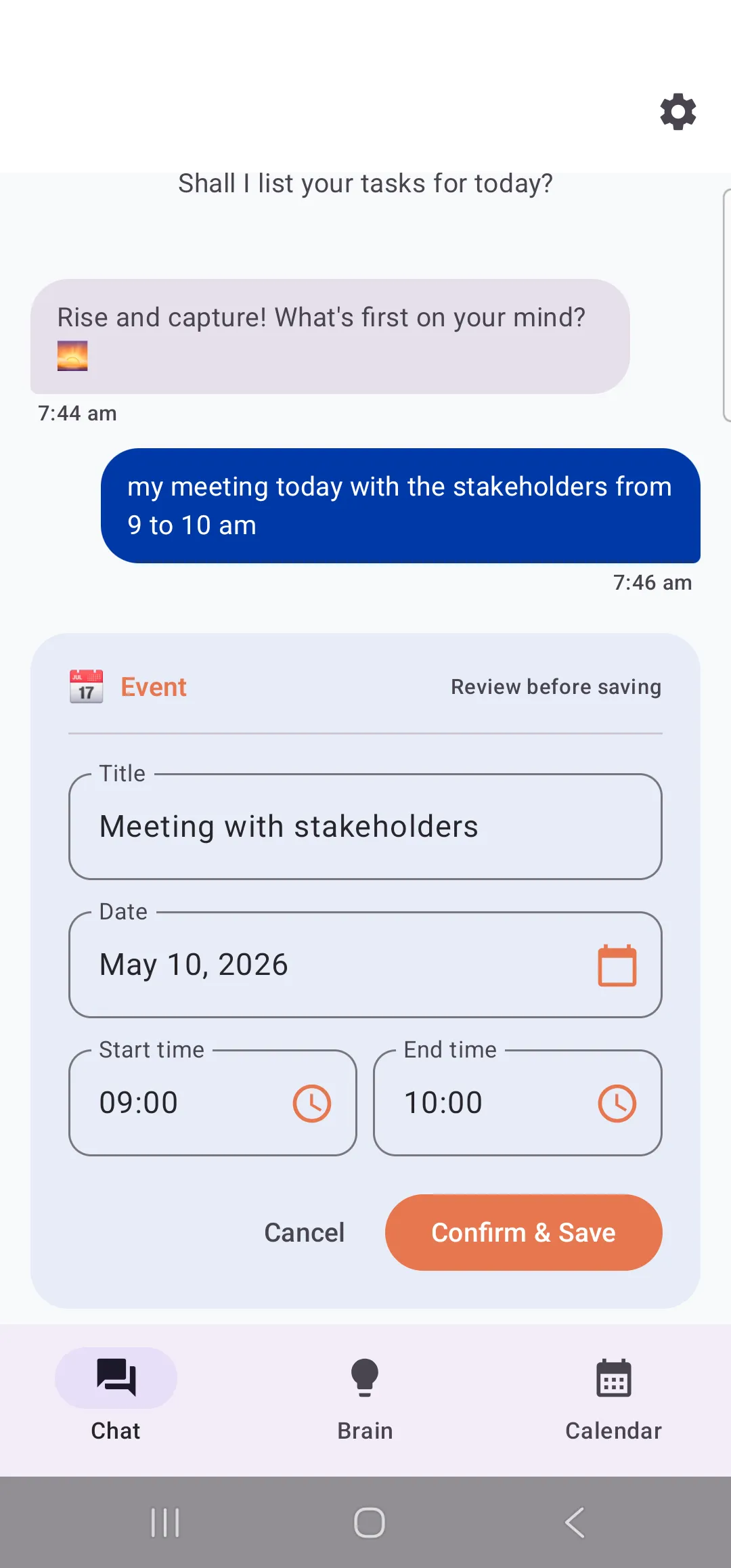 mManager turning the typed sentence 'my meeting today with the stakeholders from 9 to 10 am' into a structured Event card with an editable title, date and time and a Confirm and Save button