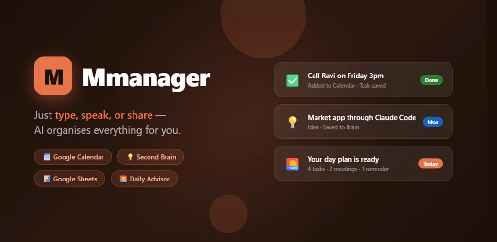 The mManager app graphic — orange starburst logo with the type, speak or share line