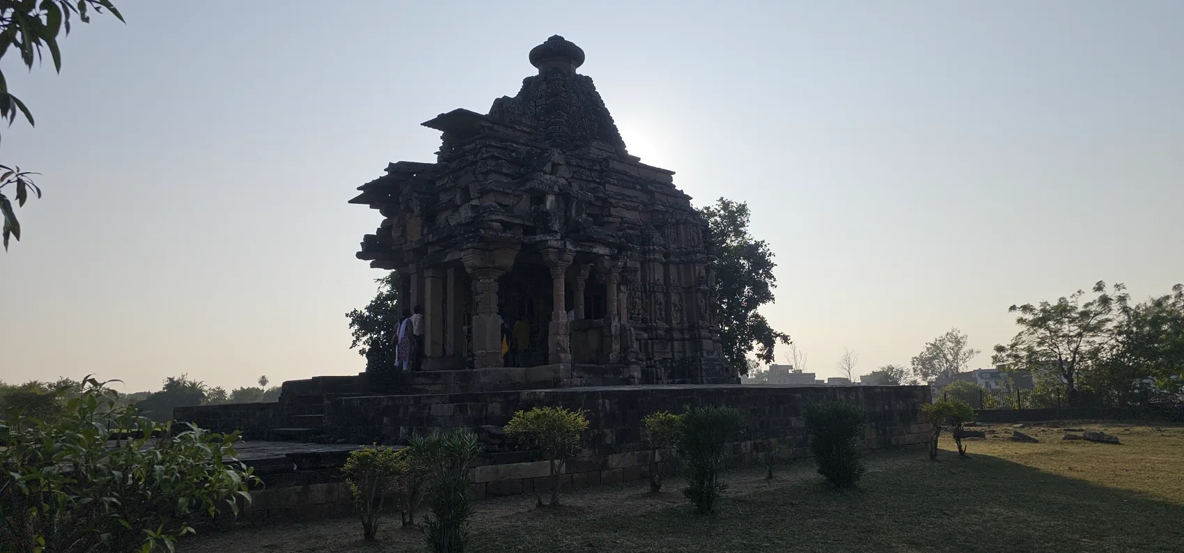 The carved spire of the Bajramath temple at golden hour