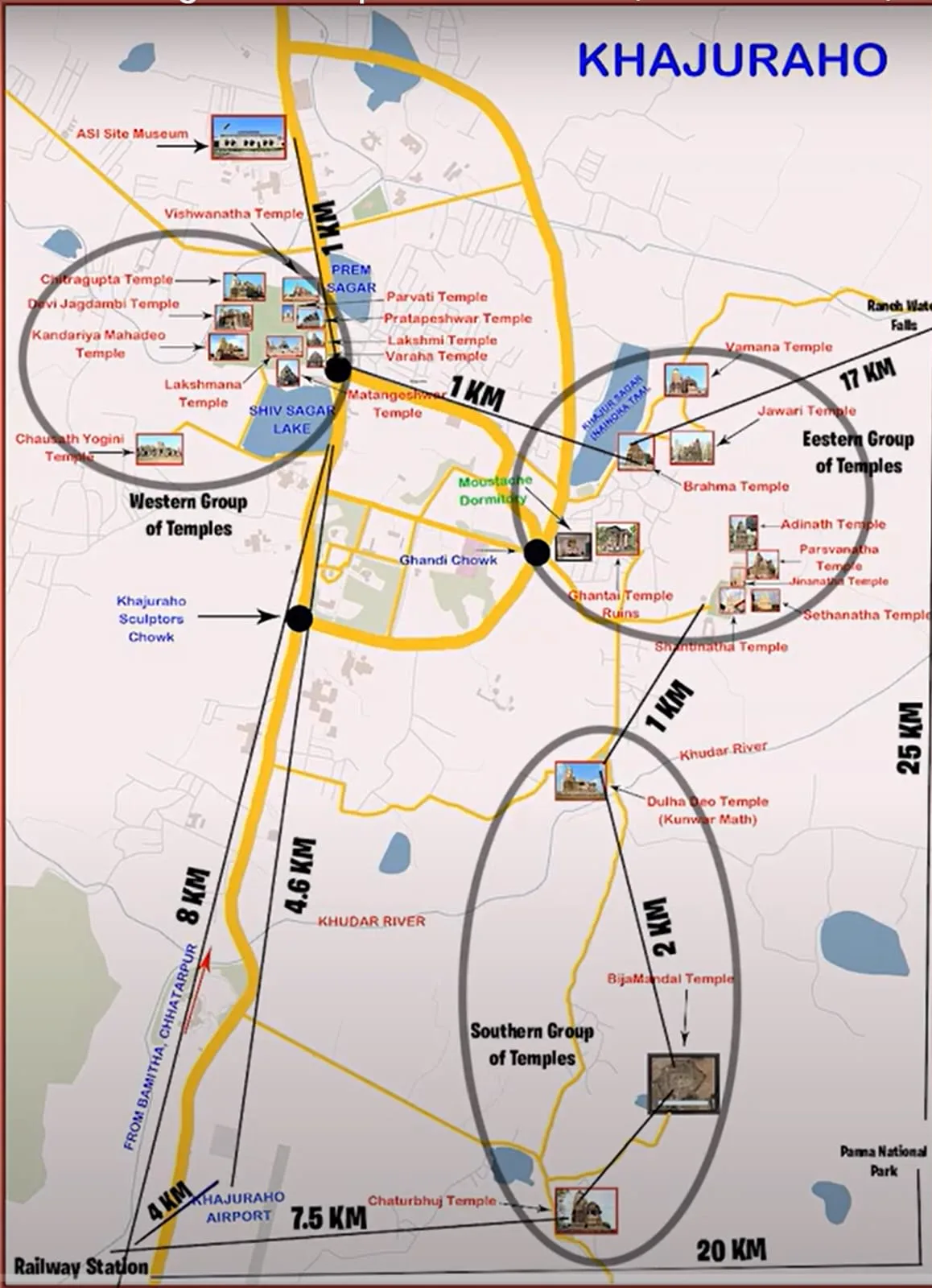 The tourist map board of Khajuraho photographed on site, showing the Western, Eastern and Southern temple groups with road distances, Shivsagar lake, the airport and the railway station