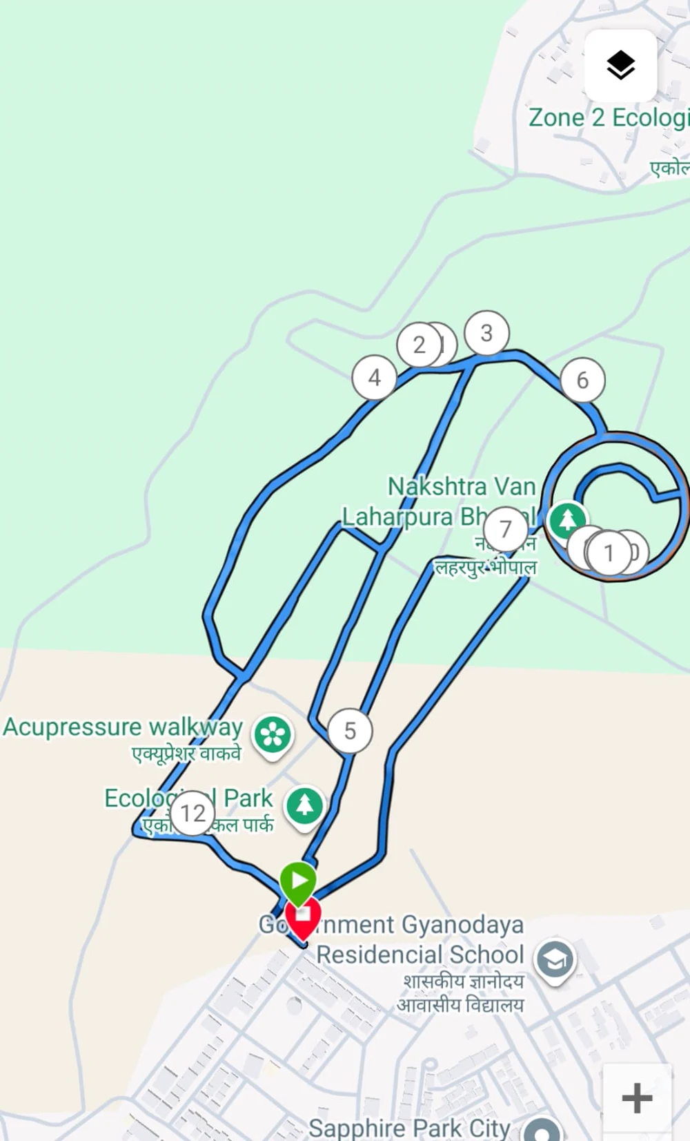 A map of the walking loop through Laharpur Ecological Park, past the Nakshatra Van and acupressure walkway, near Government Gyanodaya School and Sapphire Park City