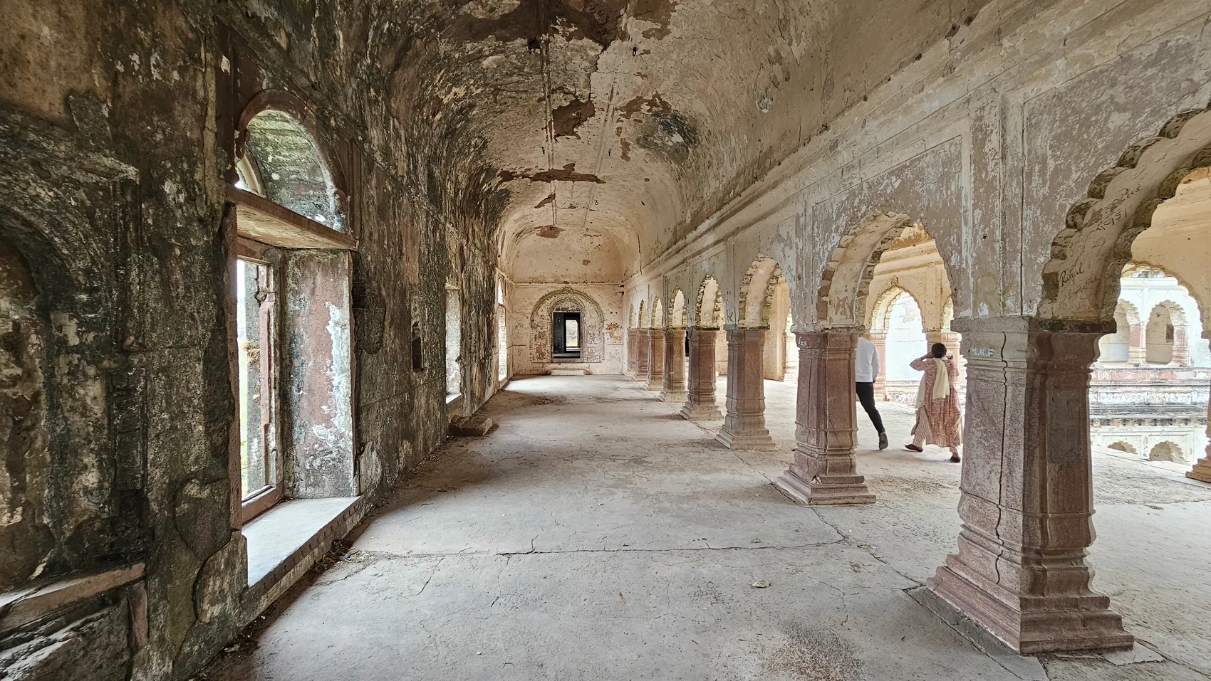 A long arched colonnaded hall inside the fort