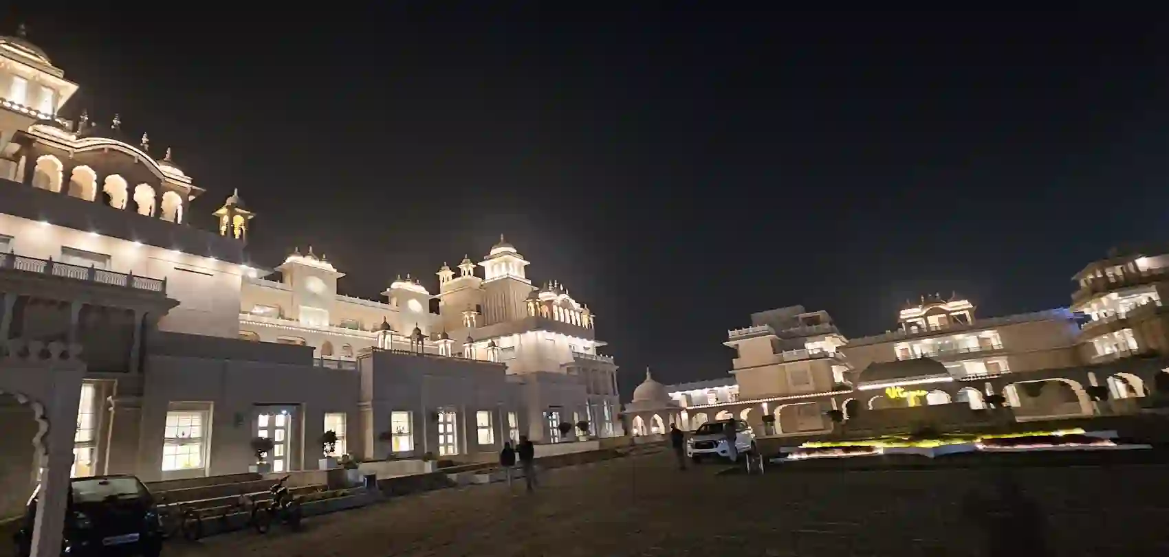 The Utopia Resort near Sanchi lit up at night in Rajasthani style