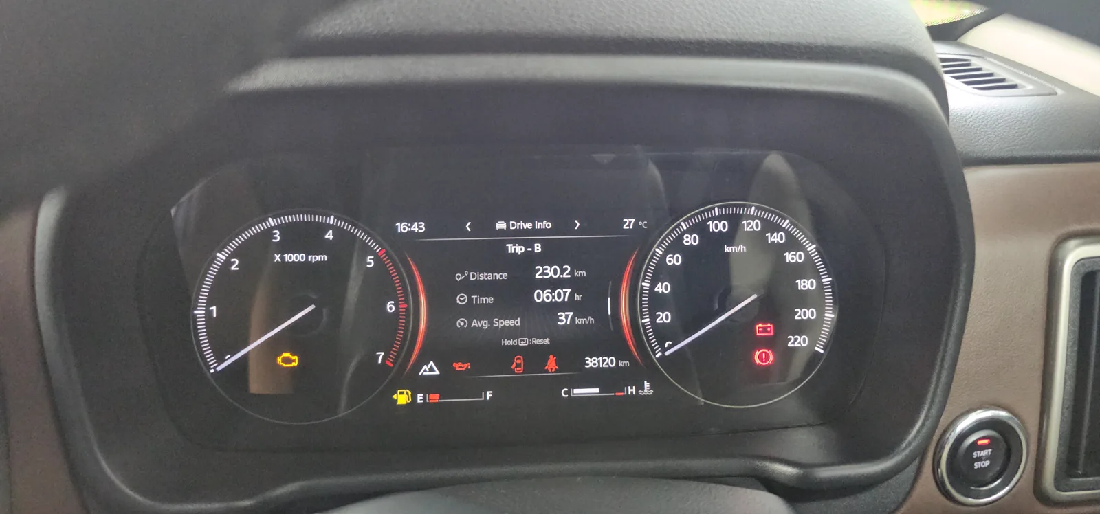 Car trip meter showing about 230 km on arrival in Pachmarhi from Bhopal