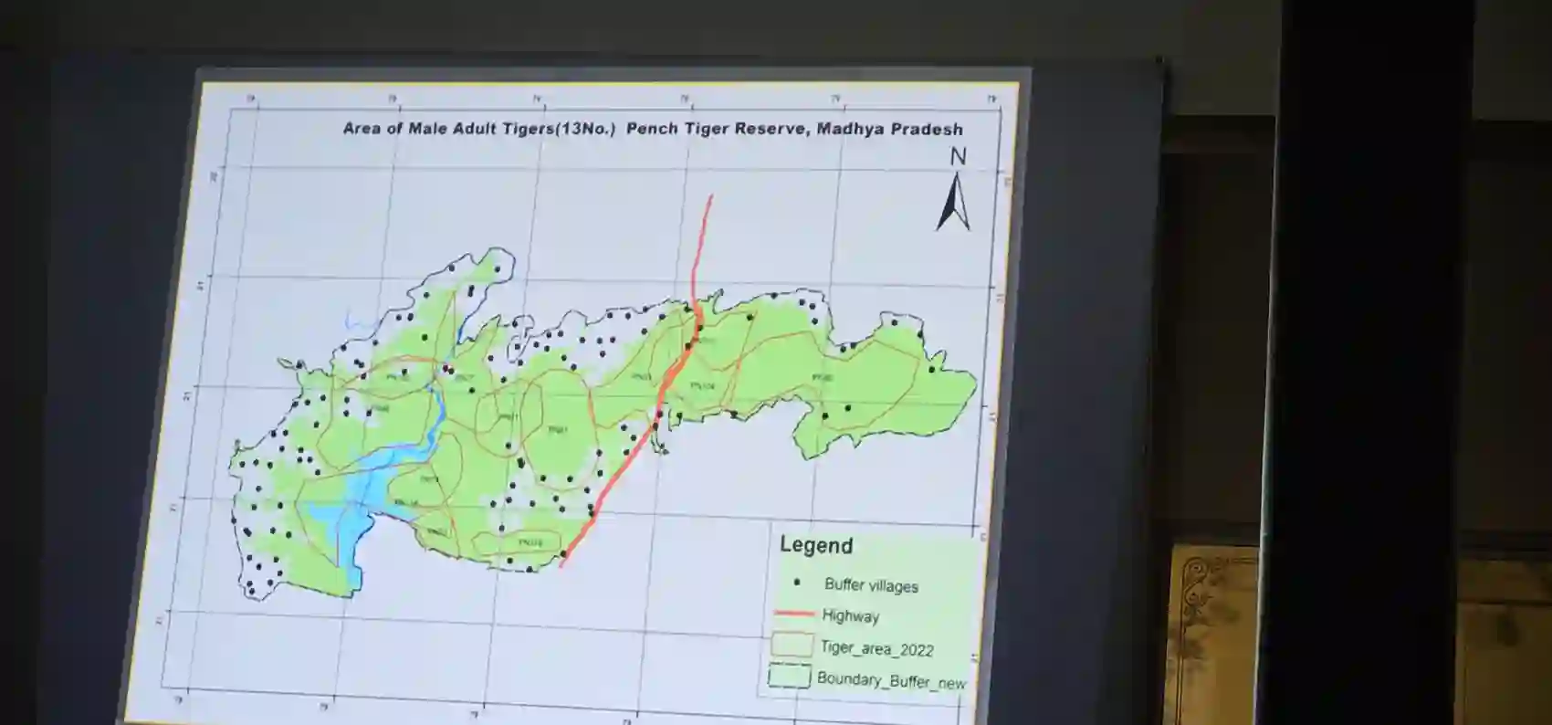 Forest Department slide mapping the territories of 13 adult male tigers in Pench